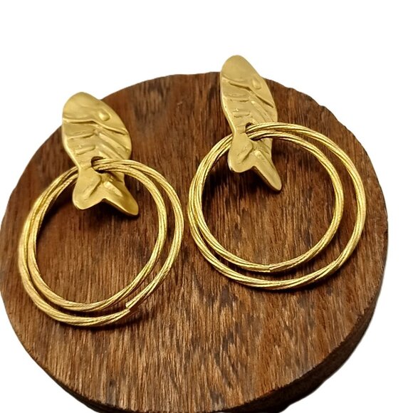 Vintage Norma Jean Matte Gold Fish Hoop Earrings Unique Double Hoop Dangle - Picture 2 of 10